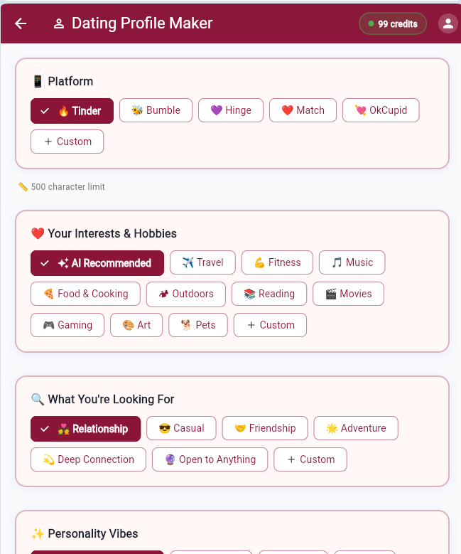 HeartSpark Dating Profile Maker screen