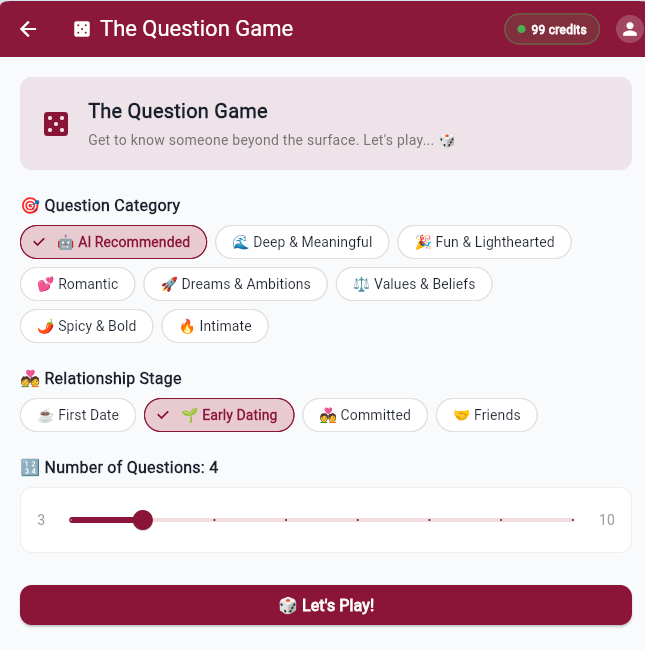 HeartSpark Question Game screen